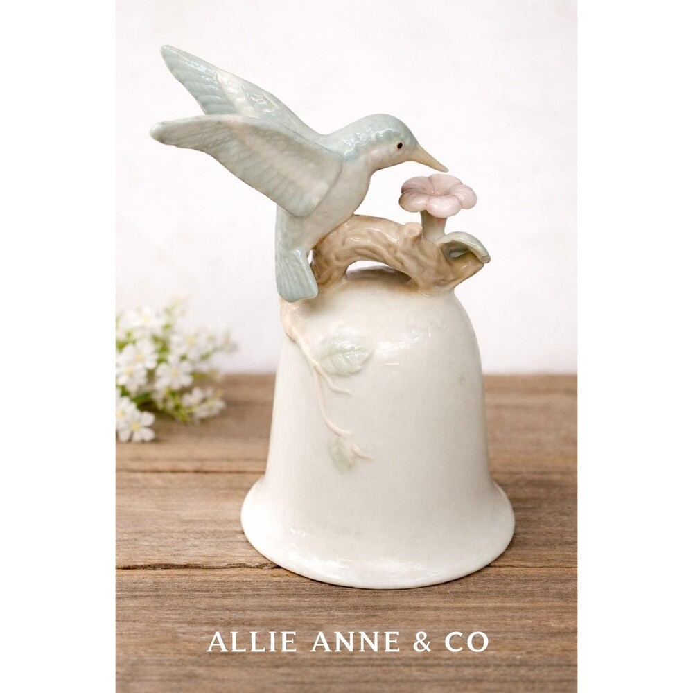 Vintage Porcelain Hummingbird Bell Figurine – Pastel Bird & Flower Decor – Cotta